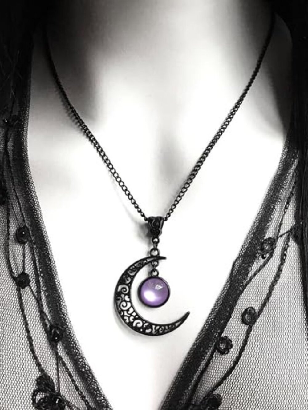Gothic Crescent Moon Crystal Pendant Necklace